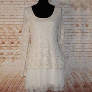 A'reve Long Sleeve Cream Lace Tule Dress Size L